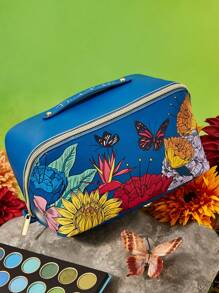 Frida Kahlo X SHEIN 1 pieza Bolsa de cosméticos de piel de PU con estampado floral de artista, de gran capacidad y plana. Bolsa de almacenamiento multifuncional para artículos pequeños, ideal para llevar diariamente, viajes, trabajo, maquillaje o estudio, adecuado para mujeres y estudiantes, artístico y elegante