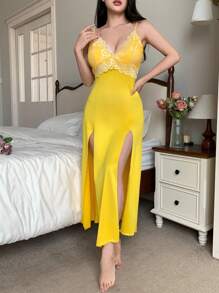 Dream Adore Gaun Tidur Wanita Elegan dengan Lipit, Renda, dan Lengan Mengembang - Kuning - View 5
