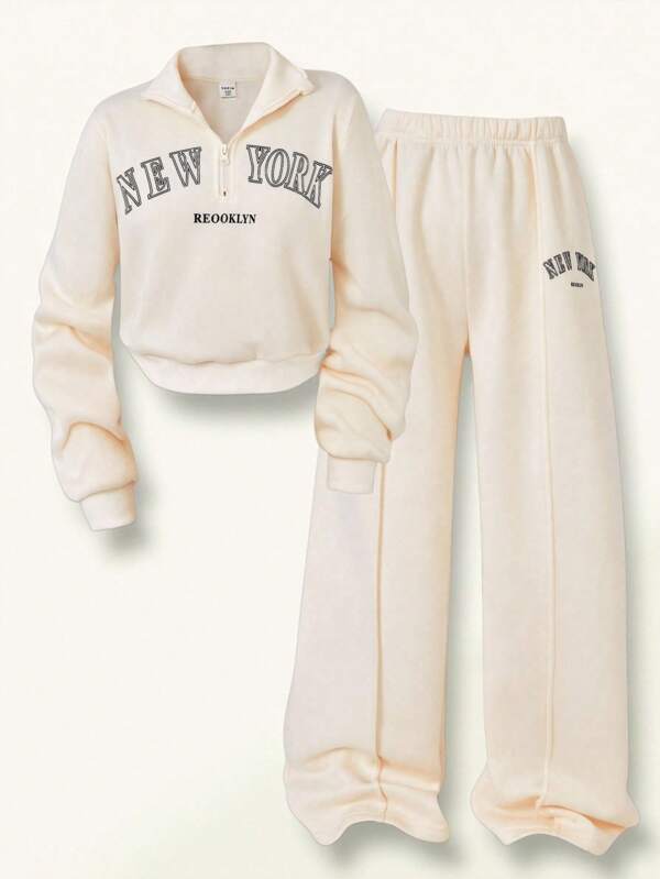 SHEIN Tween Girls 2pcs Set, New York Letter Graphic Mock Neck Sweatshirt And Shorts, Casual For Spring,Autumn & Winter