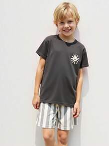 Playful Pals 2pcs Toddler Boys' Casual Loose Graphic Print Round Neck T-Shirt And Striped Print Shorts Set, Comfortable And Versatile For Spring/Summer Outdoor Play And Daily Wear Summer Holiday - Dark Grey - View 8