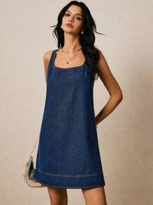 Poéselle 女式方领无袖休闲宽松牛仔连衣裙