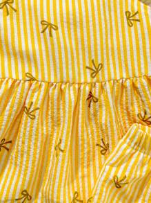 SHEIN Playful Pals 2 件婴幼儿女童春夏休闲日常可爱度假条纹蝴蝶结无袖上衣 + 短裤套装，0-3 岁 - 黃色 - 查看 5