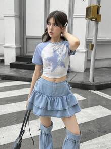 SHEIN 少女撞色五角星印花插肩短袖T恤和荷叶边下摆休闲迷你裙套装 - 藍色 - 查看 5