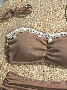 Swim Vcay 女士夏季海滩纯色罗纹针织贝壳和海星装饰肩带可拆卸比基尼上衣和三角裤休闲度假泳衣套装 - 棕色 - 查看 7