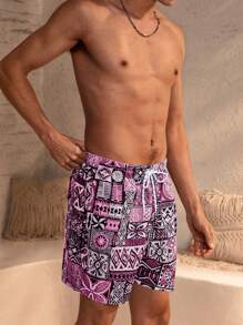 Manfinity VDAYZ Plus Size Men's Geometric Print Drawstring Waist Beach Shorts (Uneven Print) Matching Swimwear For Couples, Beachwear For Couples Swimwear - Burgundy - View 5