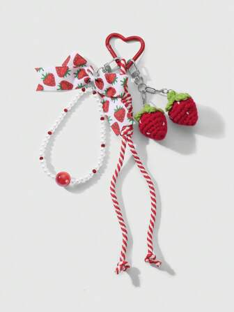 Kawaii 1pc Handmade Delicate & Sweet Versatile High-Quality Beaded White Faux Pearl, Red Cat Eye Pendant, Bowknot, Printed Ribbon, Fake Strawberry Braided Cord, DIY Lovely Keychain, Phone Charm, Bag Pendant, Suitable For Women/Girls Daily Use, Holiday Gift