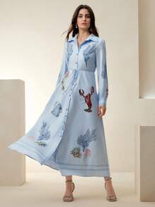 Anewsta 女士时尚印花腰带连衣裙 - 藍色 - 查看 6