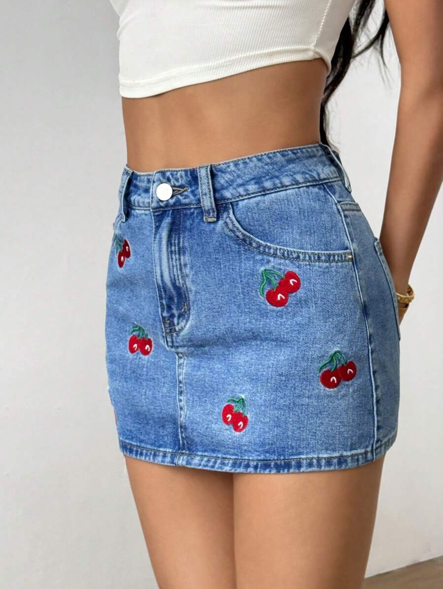 SHEIN Summer Cherry Embroidery Denim Mini Skirt - Light Wash - View 1
