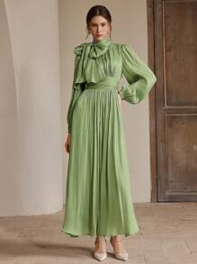 Anewsta Váy dài xếp ly màu xám-xanh lá cây sáng bóng thanh lịch và đa năng cho nữ, Xuân/Thu - màu xanh lá - Xem 6