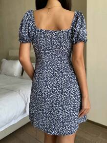 Tween Girls' Navy Blue Ditsy Floral Stand Collar Bow Front Fitted Puff Sleeve Mini Dress, For Parties, Vacations, Outings, Coastal Grandma Outfit