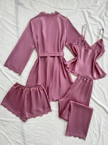 SilkySpell 四件套睡衣：蕾丝拼接仿丝吊带背心、短裤、长裤、系带睡袍，秋冬服装 - 藕粉色 - 查看 2