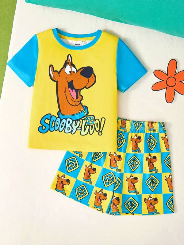 SCOOBY-DOO X SHEIN Young Boy Cartoon Printed Yellow & Blue Casual Matching Short Sleeve T-Shirt And Shorts Summer Pajama Set, Breathable & Flame Retardant