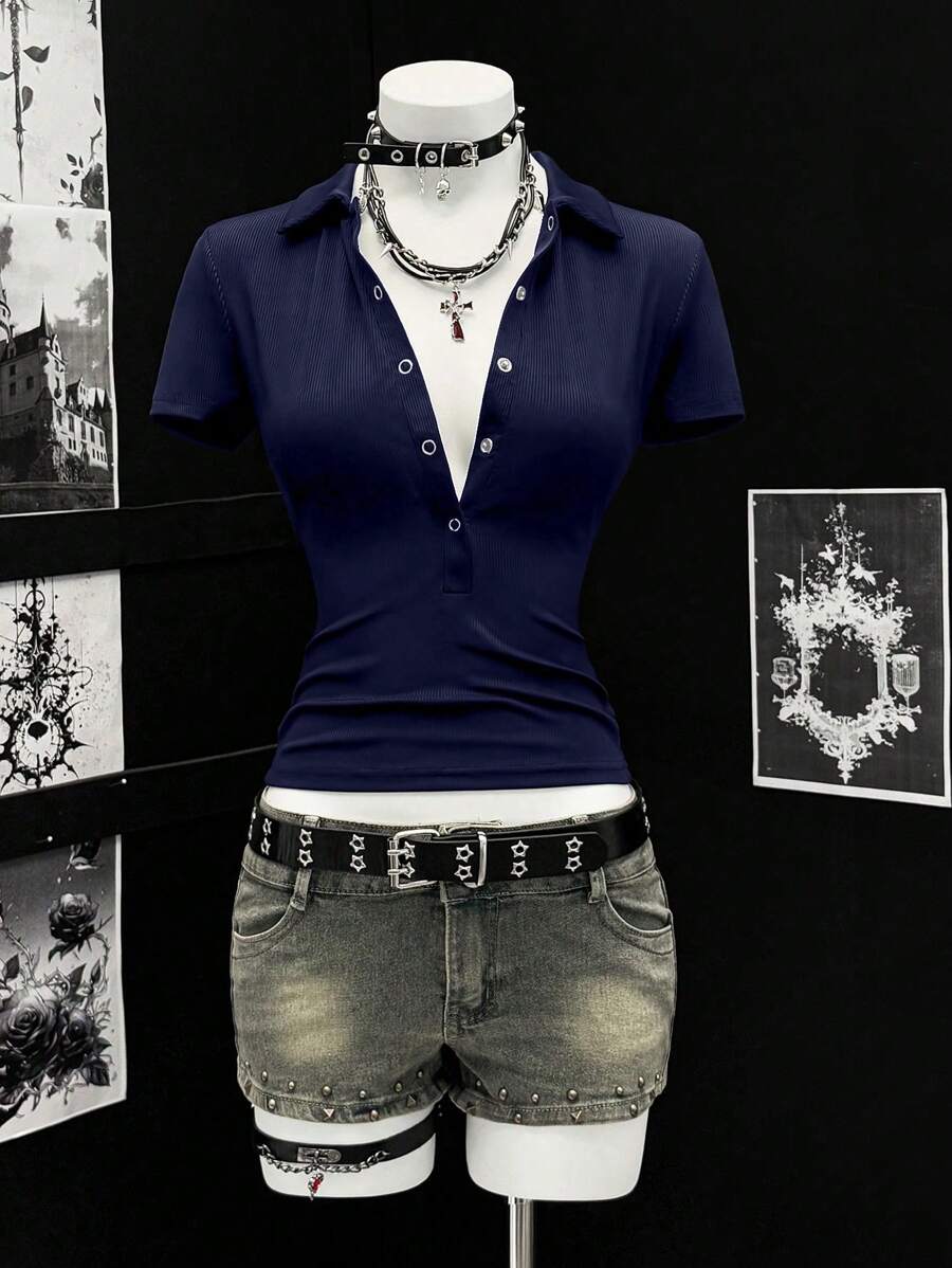 EgrlEra 女式性感迷你纯色短袖 Polo T 恤 - 藏蓝色 - 查看 1