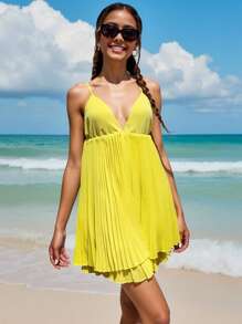 INAWLY Sleeveless V-Neck Backless Mini Slip Yellow Dress, Sexy & Spaghetti Strap - Yellow - View 5