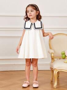 SHEIN Baby Mädchen Sommer Neues Marinekragen Loose Fit Collegejacken Kleid, süßes und einfaches Lässig Kleid - Weiss - Übersicht 1