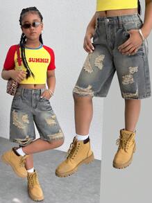 Tween Girls Y2K 复古水洗破洞休闲宽松牛仔裤长短裤，适合春夏海滩度假节日服装、美国独立日服装、毕业派对牛仔短裤、返校街头服装 - 中等水洗藍 - 查看 1