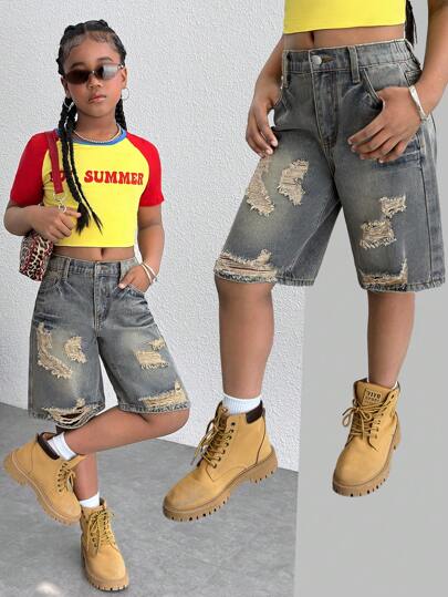 Tween Girls Y2K 复古水洗破洞休闲宽松牛仔裤长短裤，适合春夏海滩度假节日服装、美国独立日服装、毕业派对牛仔短裤、返校街头服装