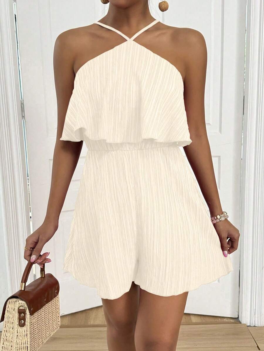 Breezaya Mono de mujer de unicolor de piqué con cuello halter, cintura con cordón y dobladillo con volantes