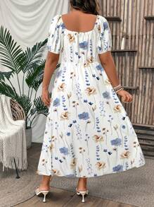 SHEIN Clasi 大码女式夏季假日花卉印花前系带短款泡泡袖连衣裙，侧开衩下摆，优雅长款女装 - 白色 - 查看 2