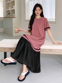 DAZY 女士撞色荷叶边下摆中长款短袖连衣裙，夏季休闲女装，教师装