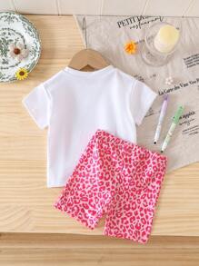 SHEIN Ensemble 2 pièces pour bébé filles 2025 composé d'un Top à manches courtes imprimé crayon mignon et mode + shorts imprimés léopard rose