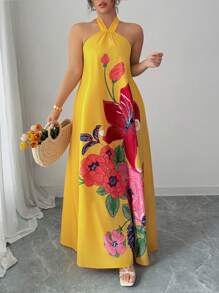 Elenzga Vestido largo de verano con estampado floral, cuello halter, sin mangas y línea A, para mujeres de talla grande - Multicolor - Ver 1