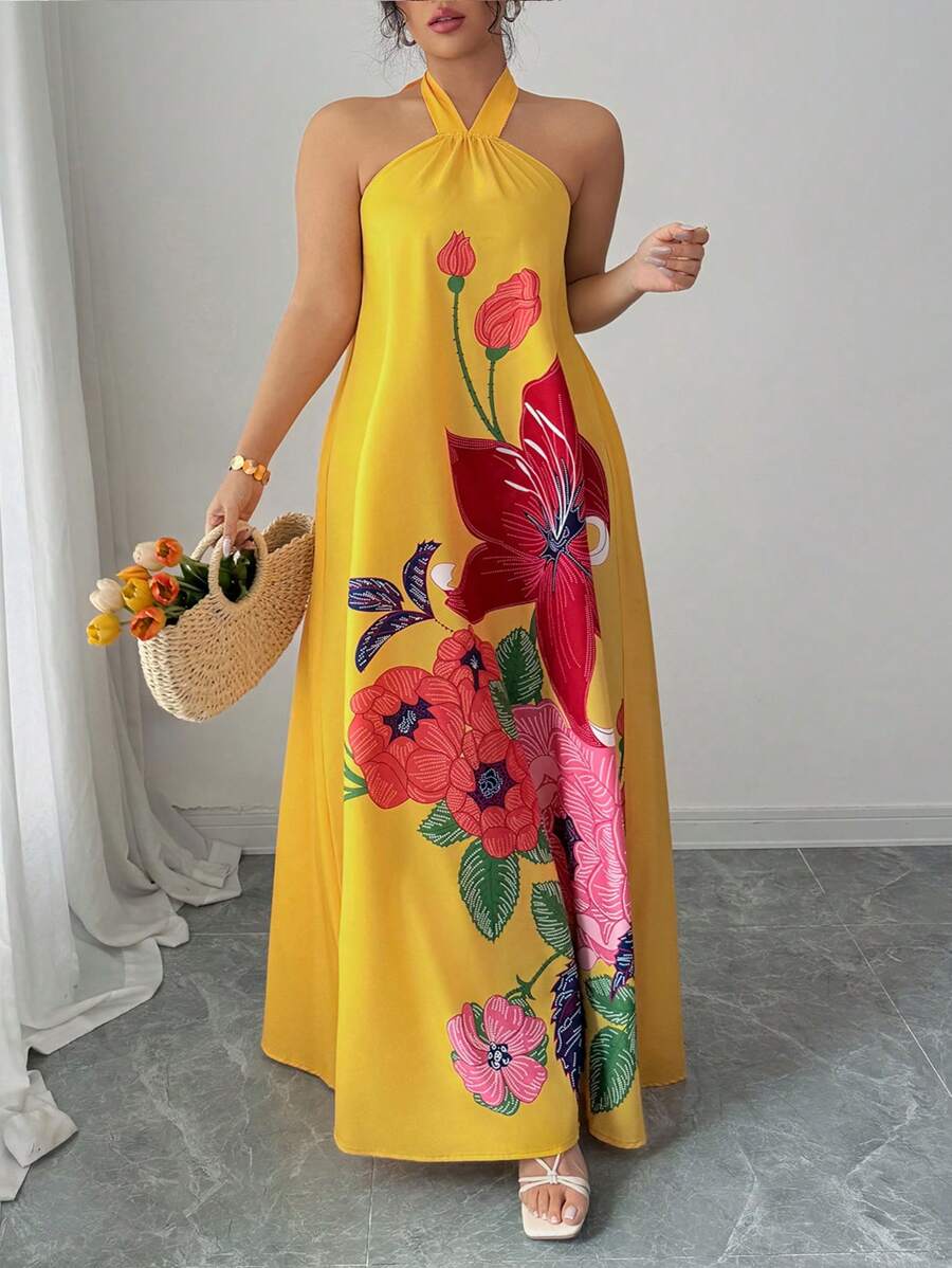 Elenzga Vestido largo de verano con estampado floral, cuello halter, sin mangas y línea A, para mujeres de talla grande - Multicolor - Ver 1