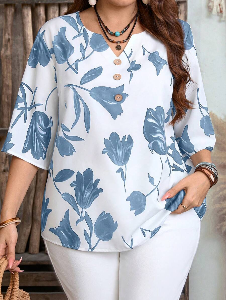 EMERY ROSE 大码女式休闲宽松印花衬衫，夏季休闲宽松女式上衣，适合夏季假期、度假女性穿着，简约时尚，日常百搭，营造度假氛围，春假休闲装，波西米亚风，秋季女装，夏季女式衬衫 - 藍色 - 查看 1