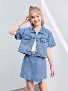 TWEEN GIRLS Y2K 牛仔套装 - 休闲短袖牛仔夹克 + 不对称牛仔阔腿裤，中蓝色，宽松，时尚百搭 - 中等水洗藍 - 查看 6