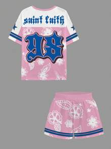 Slaydiva 2025春夏休闲简约球衣套装赛车运动服98号圣菲斯小天使图案粉色花卉印花女式V领宽松T恤短裤两件套适合夏季 - 彩色 - 查看 2