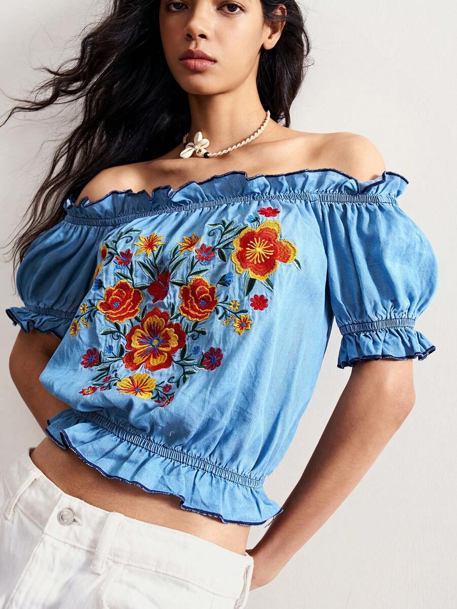 Bohemela Boho Denim Country Vacation Casual Style Embroidered Woven Denim Off Shoulder Blouse For Women - Blue - View 1