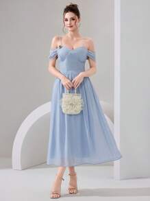 Poshira Damen Off-Shoulder Partykleid Einfarbig mit schlanker Taille im französischen Stil - Blau - Übersicht 1