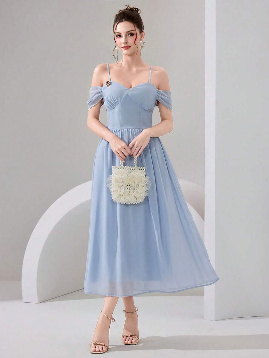 Poshira Damen Off-Shoulder Partykleid Einfarbig mit schlanker Taille im französischen Stil - Blau - Übersicht 1