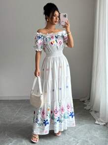 Modelyn Đầm dự tiệc hàng ngày in hoa tay bồng một bên vai cho nữ, váy xòe eo, lãng mạn, thanh lịch, bộ sưu tập mùa hè mới - Nhiều màu - Xem 6