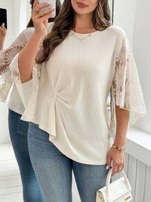 SHEIN Clasi Curve Plus Size Women's Casual Daily Apricot Knitted Texture Fabric Waist Waist Slimming Pleated Splicing Lace Holiday Shirt,Summer Tops,Business Casual Woman,Teacher Outfits For Women,Streetwear Women ,Lace Top,Summer Outfits For Women,Summer,Vacation Outfits Woman,Vacation,Women Summer Clothes,Going Out ,Plus Size Women Clothes,Clothes,Curve Plus,