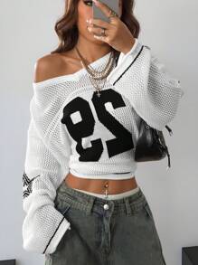 Coolane 男女款情侣同款针织条纹数字印花超大针织罩衫上衣秋冬学校厚毛衣 - 白色 - 查看 3