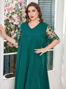 Lacomfia Váy ren kiểu Ả Rập tay ngắn màu trơn cỡ lớn - Màu xanh lá cây đậm - Xem 6