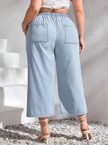 SHEIN CURVE+ Plus Size Women Autumn Drawstring Waist Jeans - Light Wash - View 2