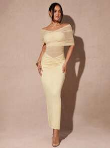 Silquee Robe ajustée élégante en maille transparente de couleur abricot pour femmes, printemps et été - Nude - Voir 5