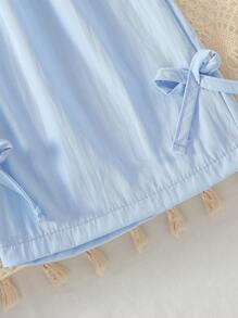 SHEIN Elladie kids 2 件套年轻女孩韩版甜美装，蝴蝶结装饰 A 字形荷叶边连衣裙上衣 + 宽松阔腿短裤，夏季 - 藍色 - 查看 7