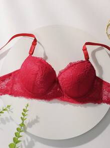 Esselle 花朵蕾絲鋼圈內衣和三角褲內衣套裝 - 紅色 - 查看 6