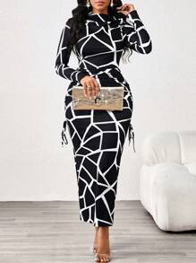 SHEIN Lady فستان نسائي أنيق وفاخر بنمط نمر وياقة قارب، أكمام طويلة وقصة ضيقة