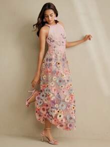 Anewsta 优雅刺绣3D花卉长裙 - 杏色 - 查看 5