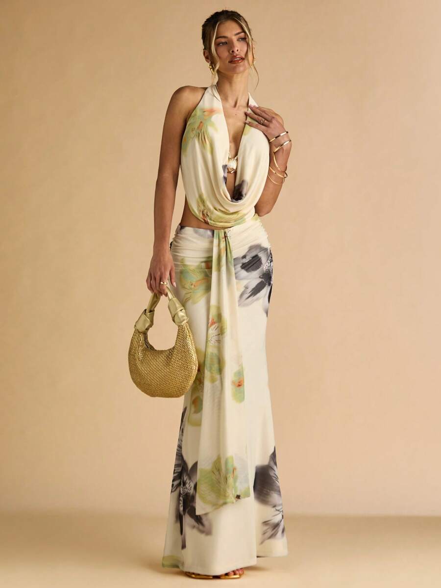 SHEIN BAE Summer Women's Clothing, Flower Metal Button Decorated Women's Tops & Mid-Low Waist Pleated Flower Long Skirts, Women's Two-Piece Suits, Holiday Two-Piece Suits,Vacation Outfits Woman,Beach Outfits For Woman,Two Piece Summer Set - Multicolor - View 1