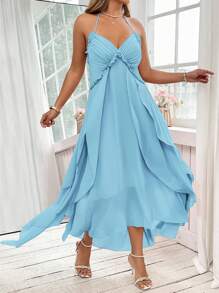 SHEIN Clasi Plus Size Women Elegant French Style Ruffle Backless Spaghetti Strap Dress, Pink - Baby Blue - View 3