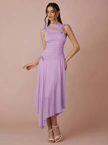 Enchnt 女士优雅纯色蝴蝶装饰不对称下摆连衣裙，夏季 - 淡紫色 - 查看 6