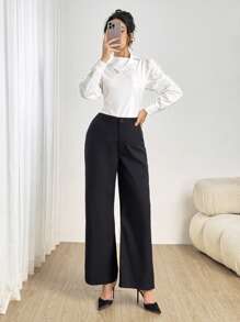 Modelyn Pantalones rectos de diseño de panel elegante azul marino para mujer - Iron Gray - Ver 6