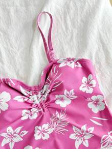 SHEIN Tween Girls Casual Vacation Pink & White Floral Print Camisole & Triangle Bottoms Set - Red - View 3