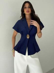 Firerie Damen Leinenhemd mit geraffter Taille und Metallknopf, kurzärmlig, formelle/legere Kleidung, Marineblau, Abschlussfeier, Lehrer-Outfits für Damen, Schulanfang, Lehrer-Outfits für Damen, Herbstkleidung für Damen, altes Geld, Büro-Outfits für Damen