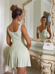 Relinas Women's Fashion Country Style Sleeveless Short Dress With Pleated Hem, Asymmetrical Neckline, Low Waistline, A-Line Flared Hemline, Gold Button, Light Green Woven Fabric, Suitable For Spring & Summer Fall Women Clothes Back To School